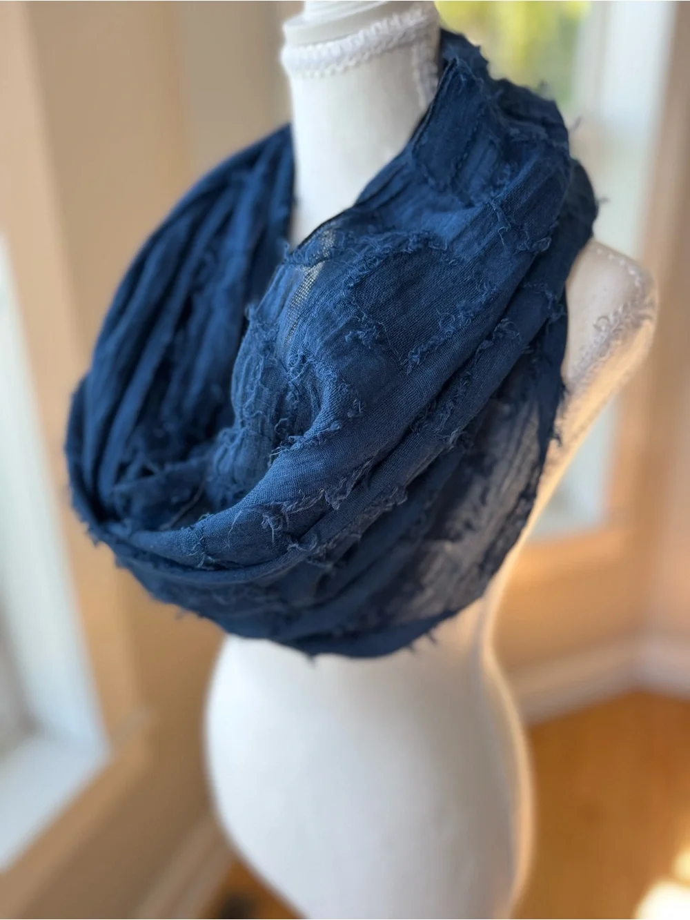 Vintage Navy Blue Woven Frayed Detail Infinity Scarf